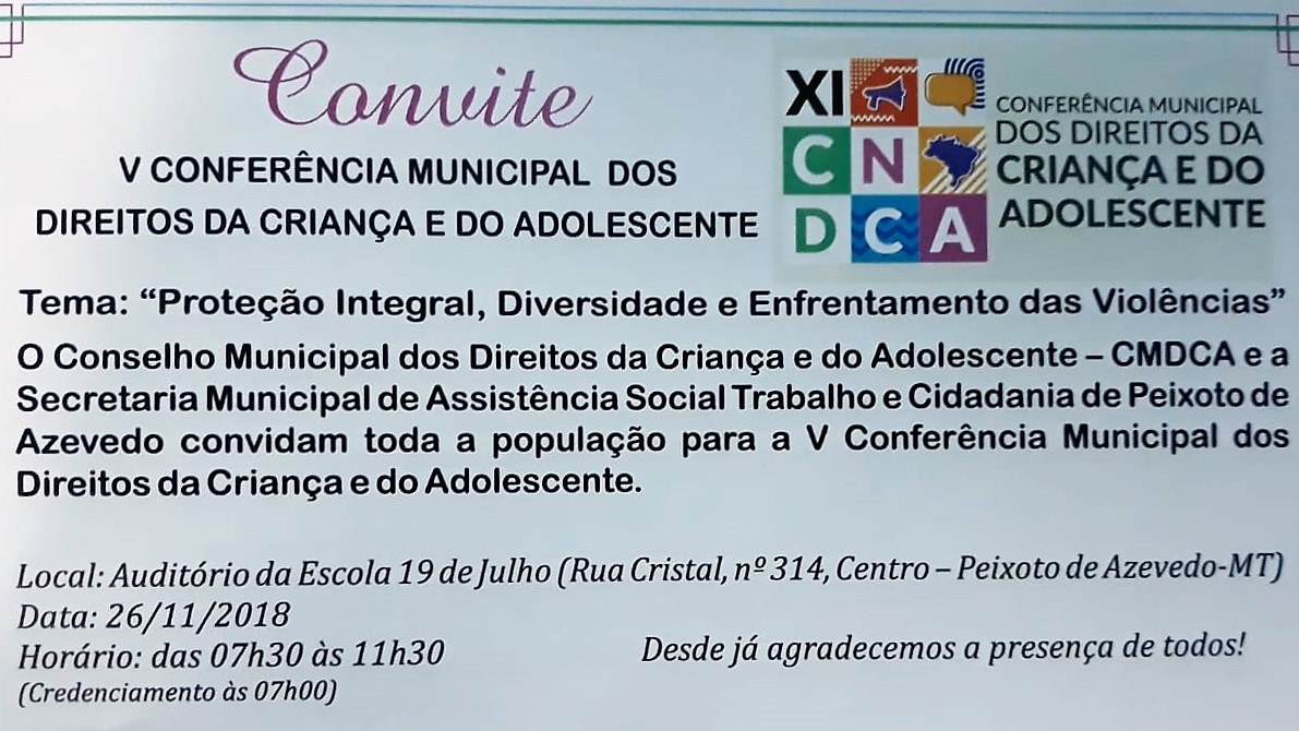 Convite V Conferência Municipal dos Direitos da Criança e do Adolescente de Peixoto de Azevedo