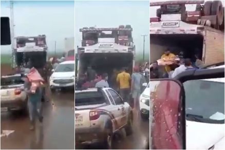 BRASNORTE: Caminhão tomba e moradores fazem limpa em carga de carne